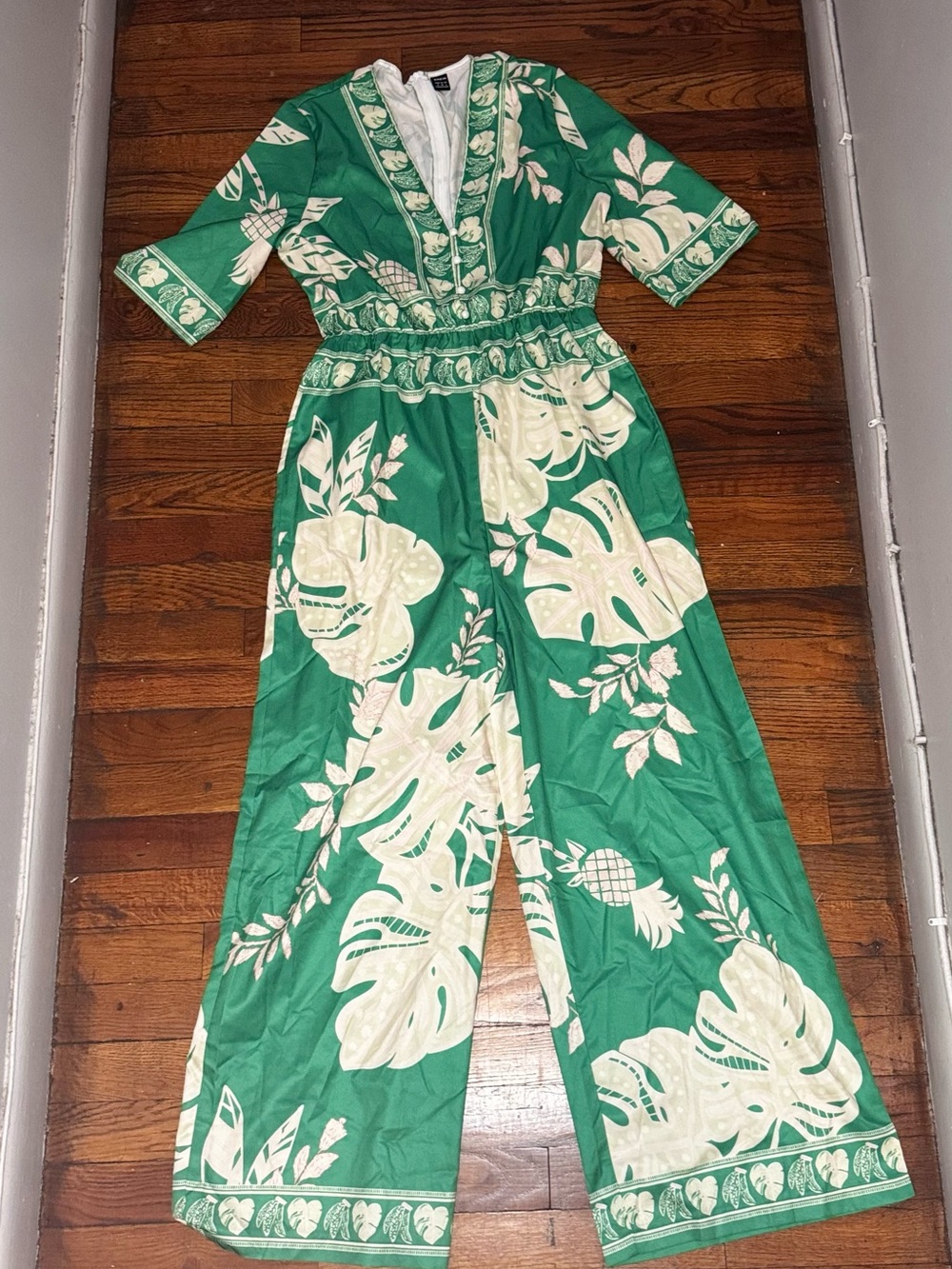 SHEIN Green and Cream Tropical Print Wide-Leg Jumpsuit